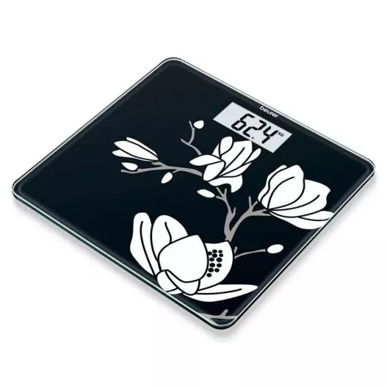 Pèse-Personne en Verre Noir Beurer avec Motif Magnolia