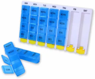 PILULIER HEBDOMADAIRE HESTEC 25370C16168, BLEU ET JAUNE, 13.3×3×21.8 cm